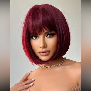 Beautiful short straight burgundy wig 12 inches, heat resistant, easy to style